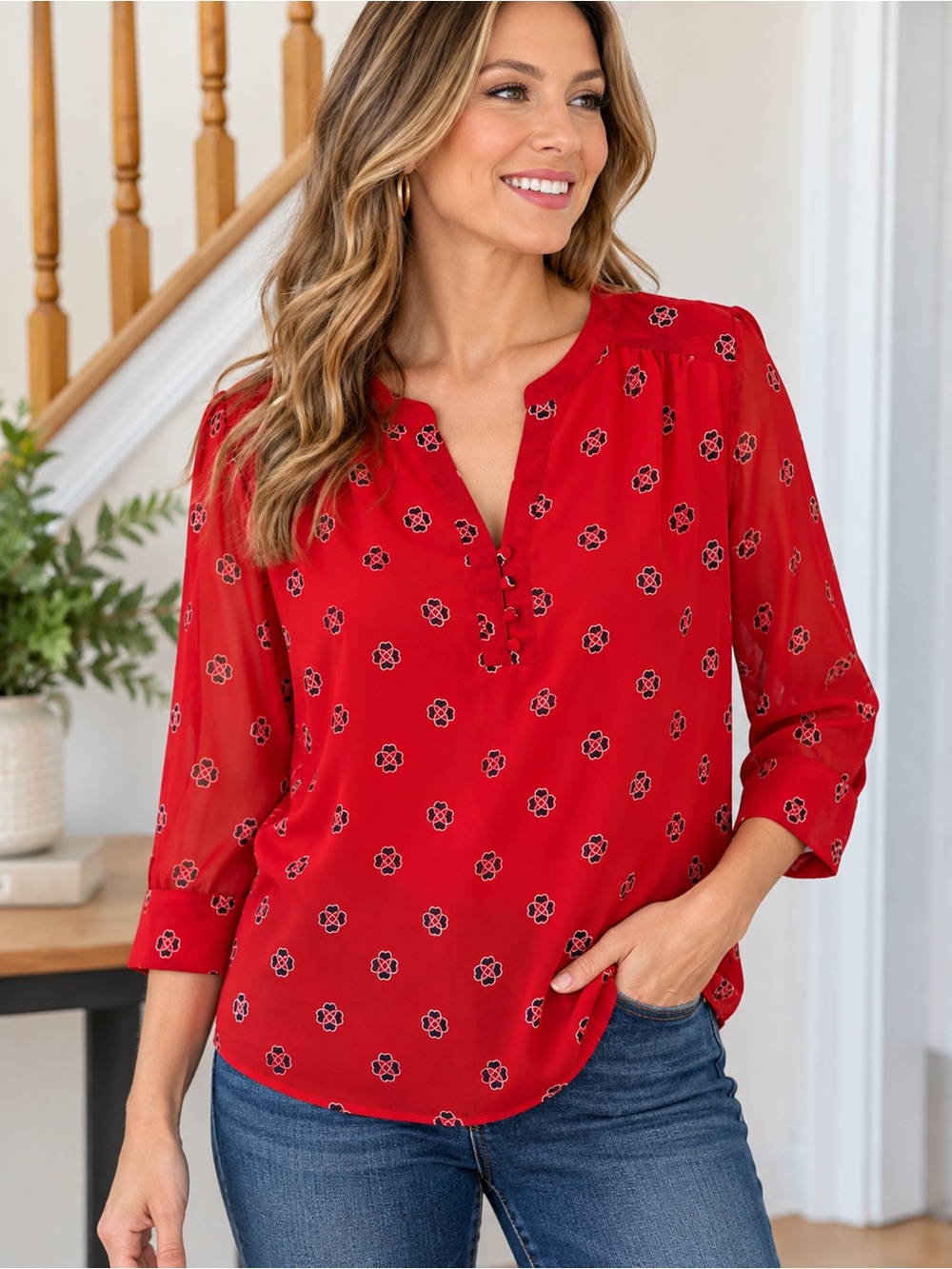 Charter Club Red Floral Henley Blouse